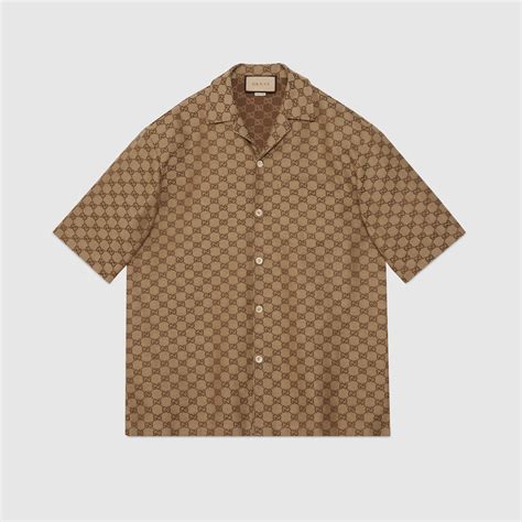 420 gucci shirt|GG linen blend canvas shirt in camel and ebony .